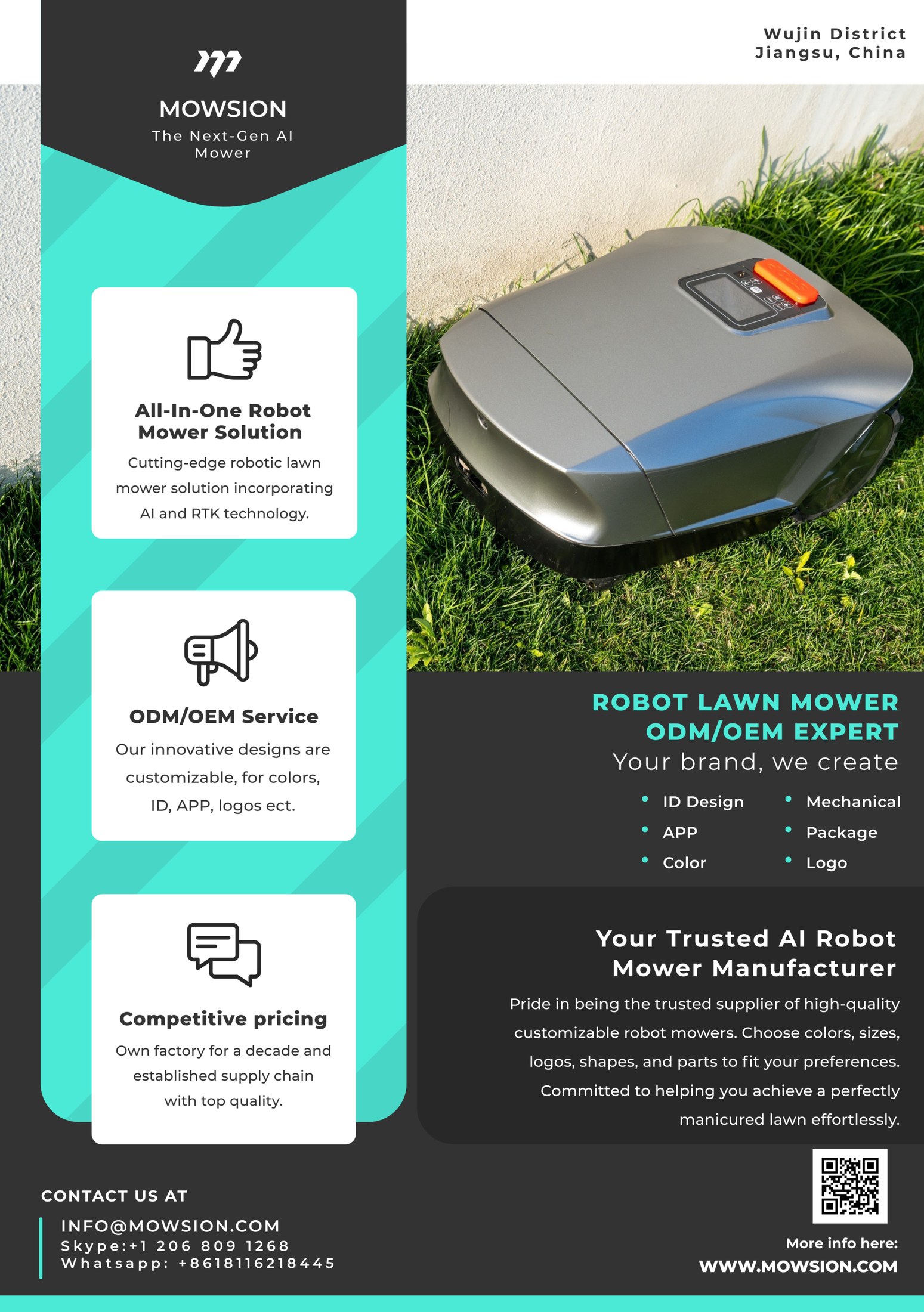 Mowsion company flyer for AI robot mower ODM and OEM service