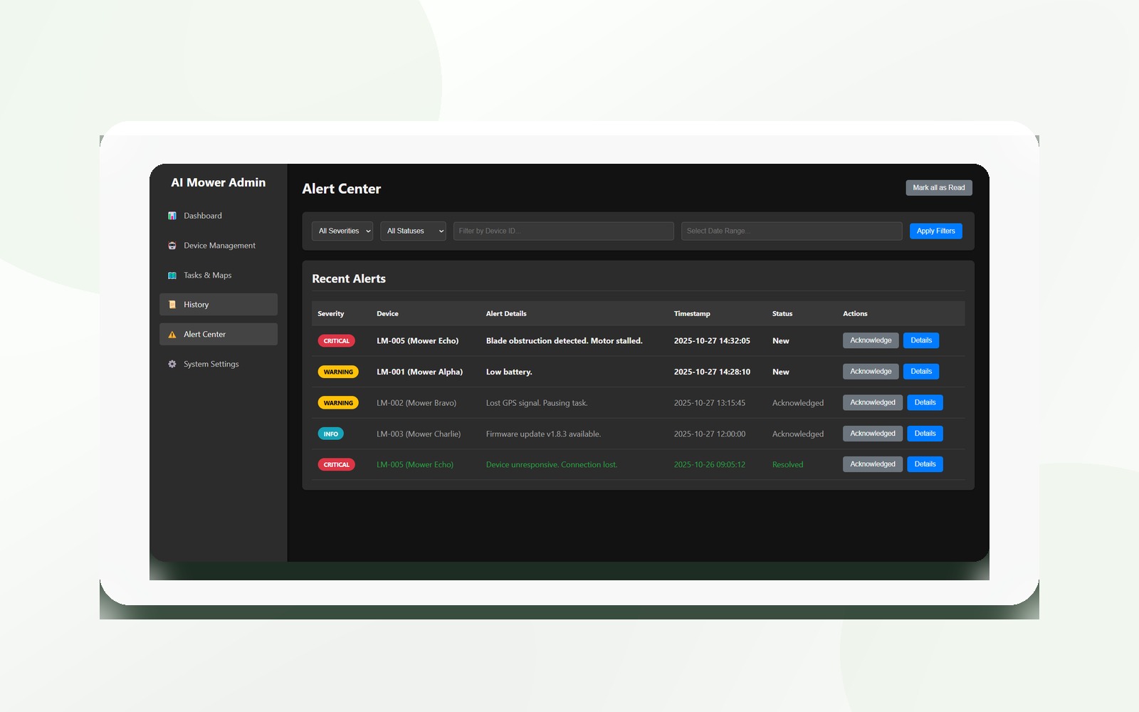 Cloud platform and factory test tools for outdoor robot products