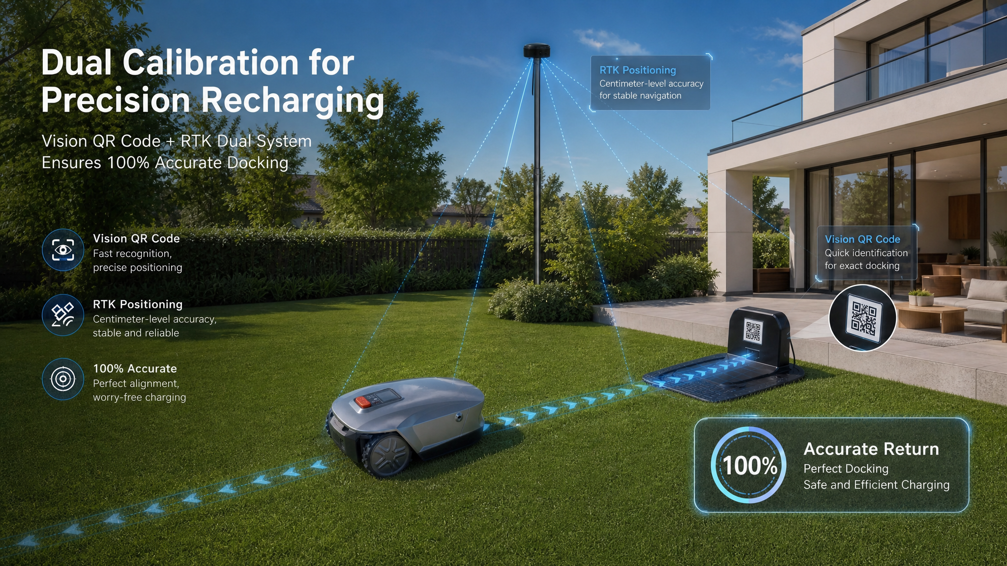 Mowsion AI Vision RTK robotic mower charging at the docking station